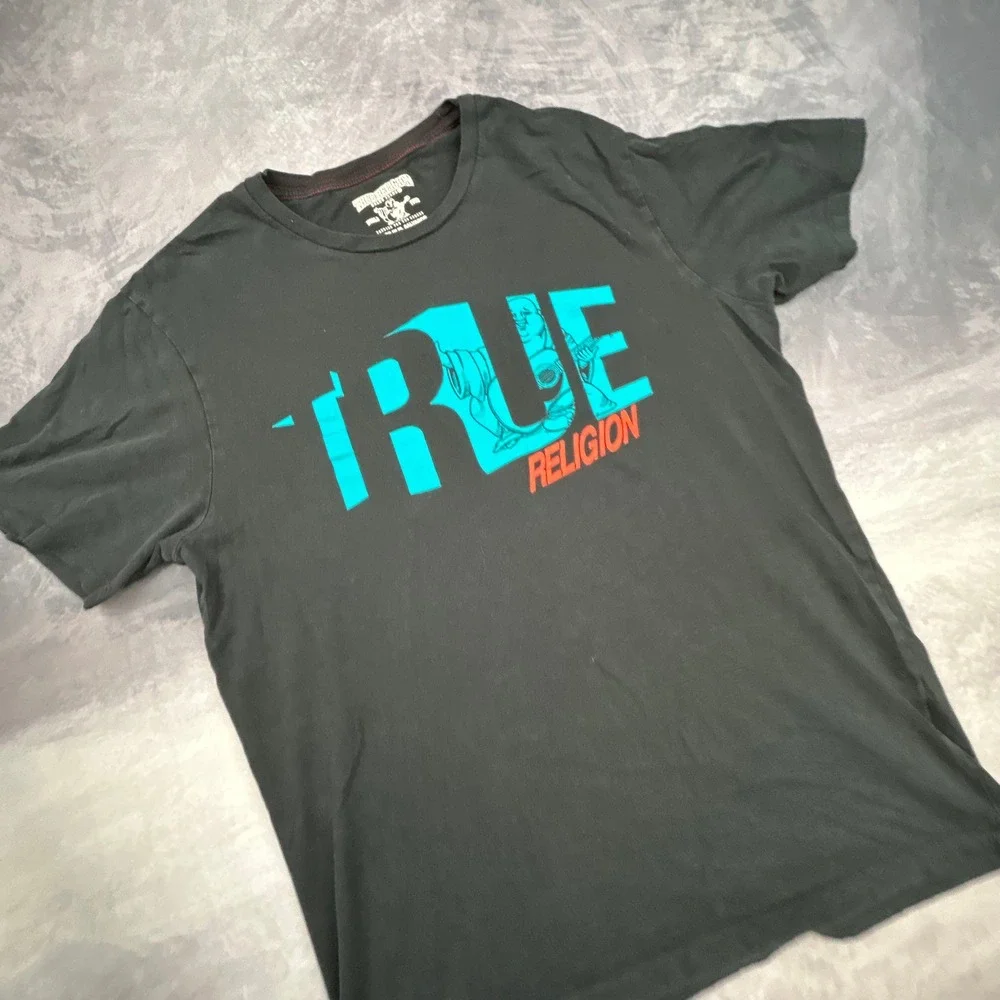True Religion Mens Graphic T-Shirt Black Blue Buddha Logo Y2K Skater Tee Size M